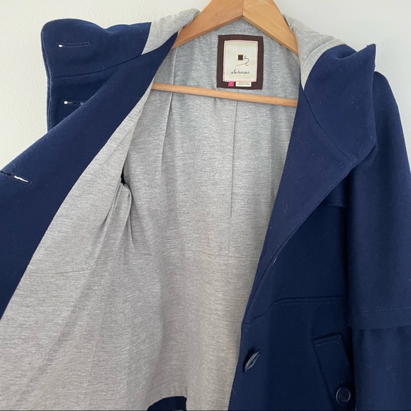 Anthro Elevenses Navy Wool Blend Hooded Coat 4 - Picture 4 of 7